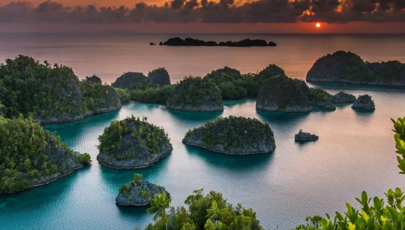 panorama waktu sunset di Raja Ampat